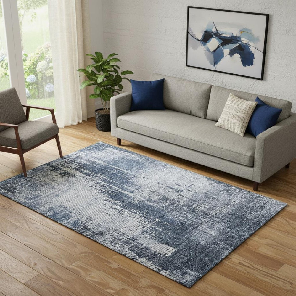 HomeRoots 5' X 8' Navy Blue And Ivory Abstract Area Rug – Stylish, Washable, UV-Protected for Any Space 665647