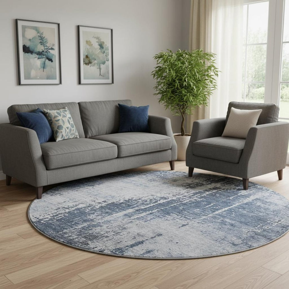 HomeRoots 8' Navy Blue and Ivory Abstract Round Rug – Washable, UV Protected, Durable for Kids & Pets! 665648