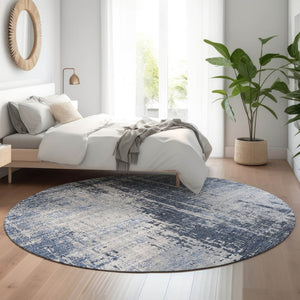 HomeRoots 8' Navy Blue and Ivory Abstract Round Rug – Washable, UV Protected, Durable for Kids & Pets! 665648