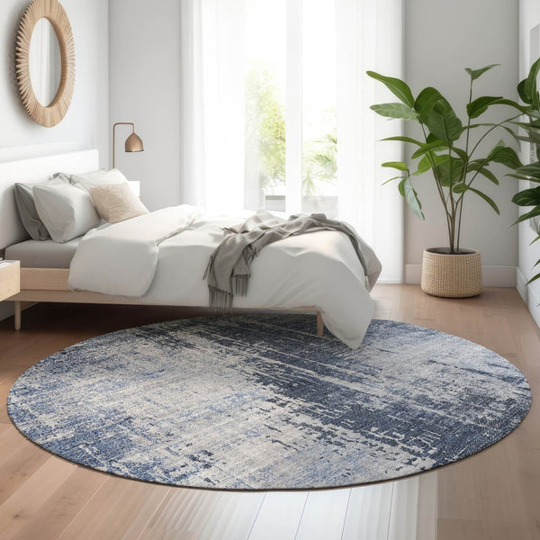 HomeRoots 8' Navy Blue and Ivory Abstract Round Rug – Washable, UV Protected, Durable for Kids & Pets! 665648
