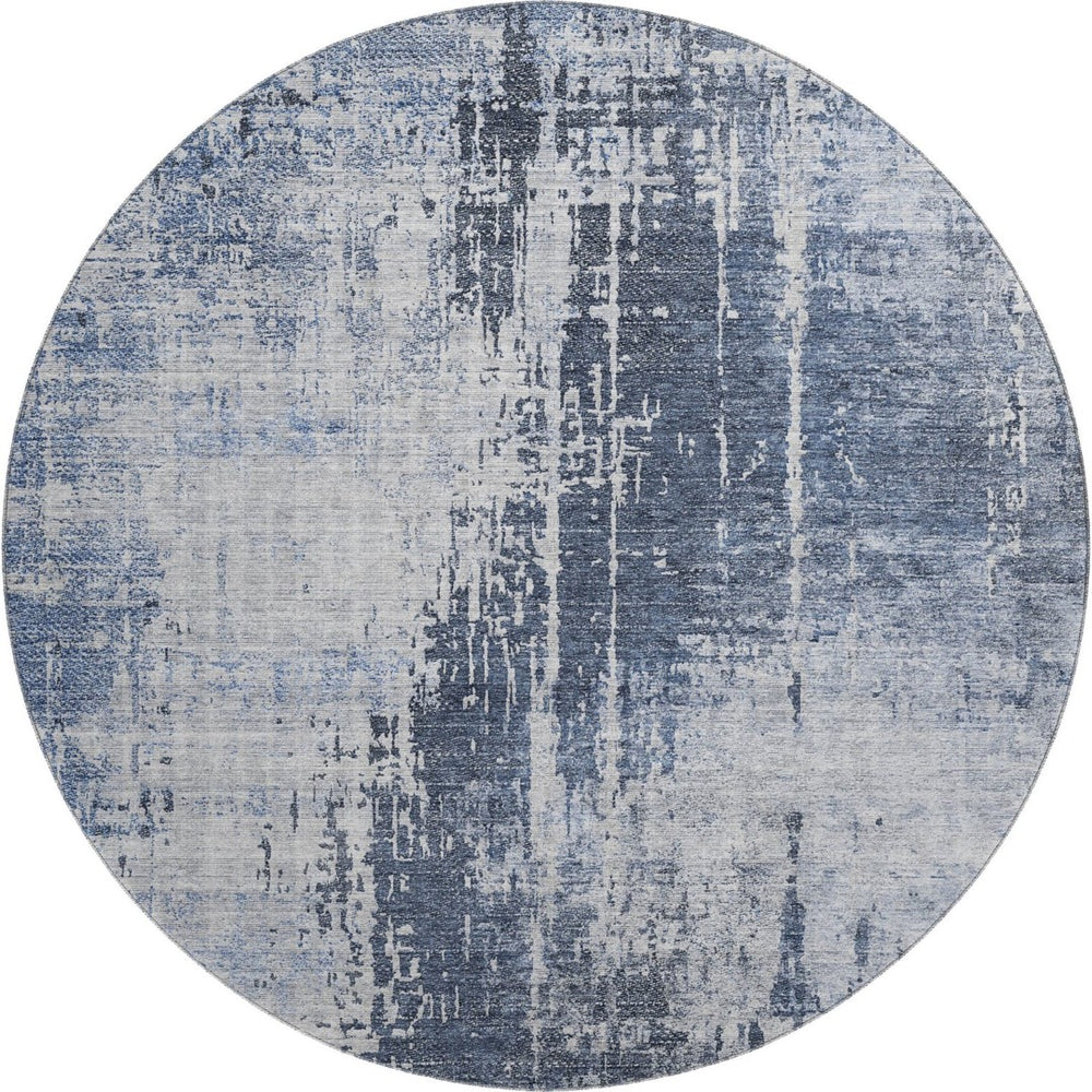 HomeRoots 8' Navy Blue and Ivory Abstract Round Rug – Washable, UV Protected, Durable for Kids & Pets! 665648