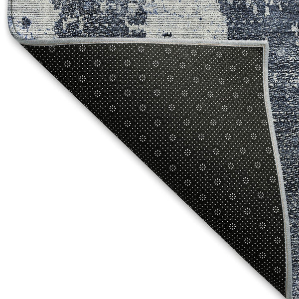 HomeRoots 8' Navy Blue and Ivory Abstract Round Rug – Washable, UV Protected, Durable for Kids & Pets! 665648