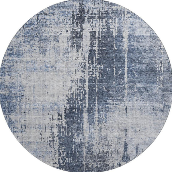 HomeRoots 8' Navy Blue and Ivory Abstract Round Rug – Washable, UV Protected, Durable for Kids & Pets! 665648