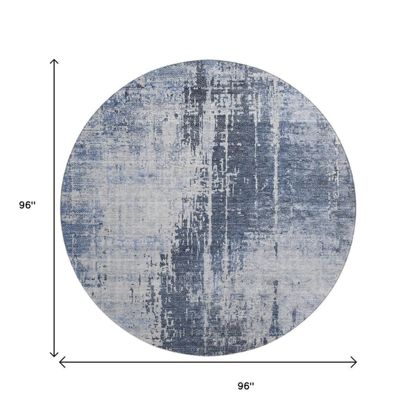 HomeRoots 8' Navy Blue and Ivory Abstract Round Rug – Washable, UV Protected, Durable for Kids & Pets! 665648