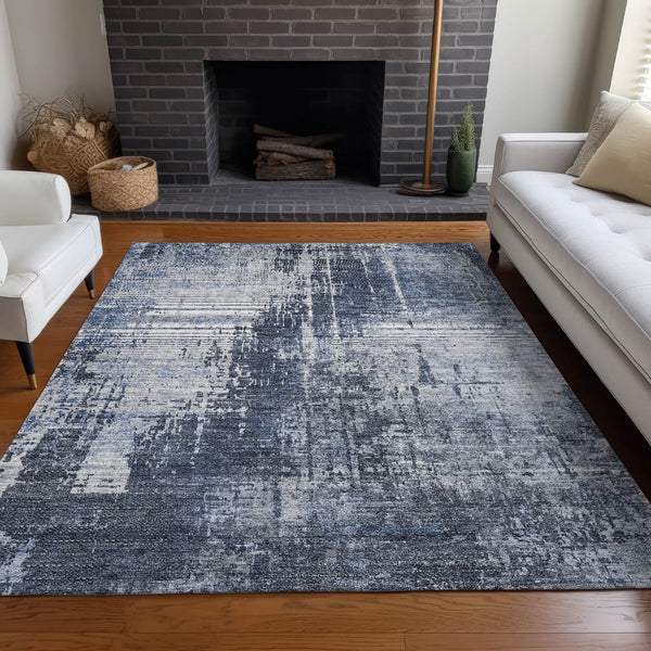 HomeRoots 8' X 10' Navy Blue & Ivory Abstract Area Rug - Washable, UV-Protected, Durable & Stylish Home Decor 665649