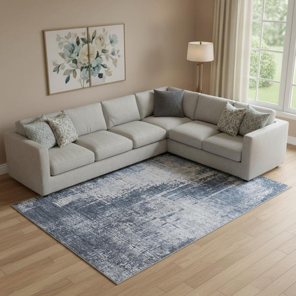 HomeRoots 9' X 12' Navy Blue Abstract Area Rug - Washable, UV-Protected, Stylish & Durable for Any Space! 665650