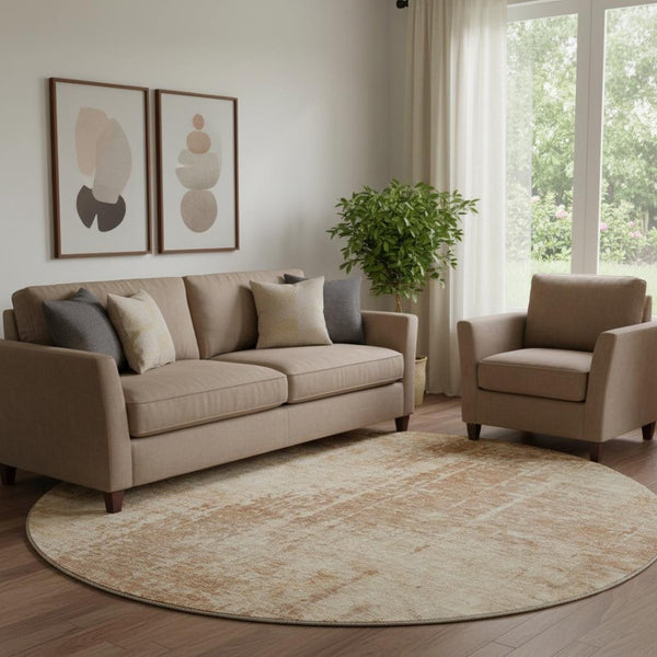 HomeRoots 8' Terra Cotta and Copper Abstract Round Rug – Washable, UV Protected, Stain Resistant for Modern Homes 665666