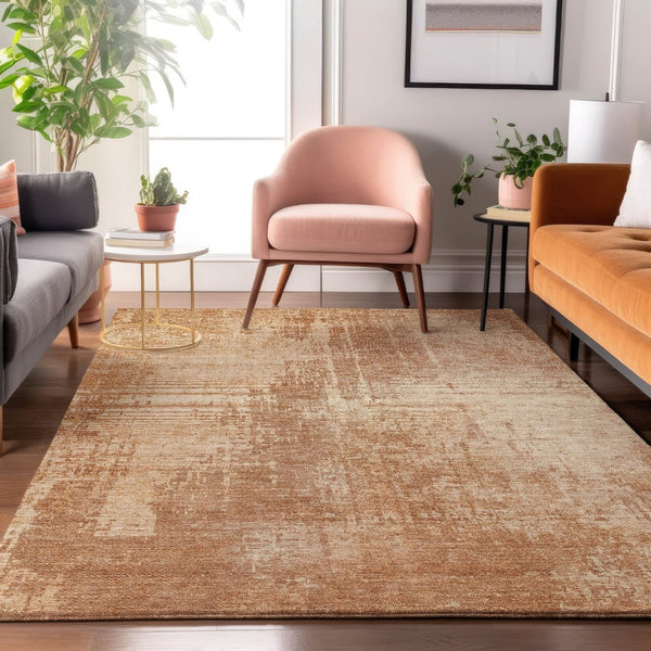 HomeRoots 9' X 12' Terra Cotta & Copper Abstract Washable Area Rug - Durable, Stain Resistant & UV Protected! 665668