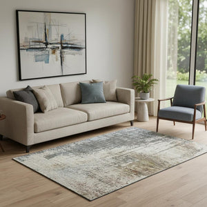 HomeRoots 5' X 8' Stylish Beige Gray Brown Abstract Area Rug - Washable, UV Protected & Stain Resistant Decor 665671