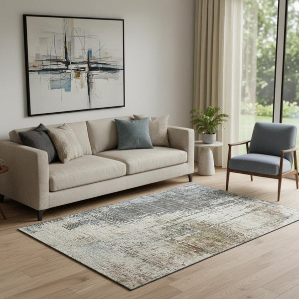 HomeRoots 5' X 8' Stylish Beige Gray Brown Abstract Area Rug - Washable, UV Protected & Stain Resistant Decor 665671