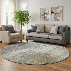 HomeRoots 8' Washable Round Rug in Beige, Gray & Brown - Durable, UV-Protected, Ideal for Busy Homes & Pets 665672