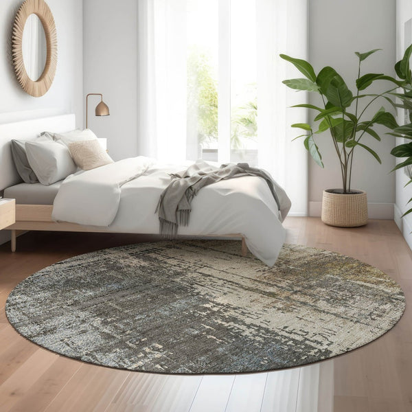 HomeRoots 8' Washable Round Rug in Beige, Gray & Brown - Durable, UV-Protected, Ideal for Busy Homes & Pets 665672