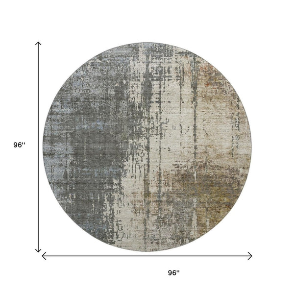 HomeRoots 8' Washable Round Rug in Beige, Gray & Brown - Durable, UV-Protected, Ideal for Busy Homes & Pets 665672