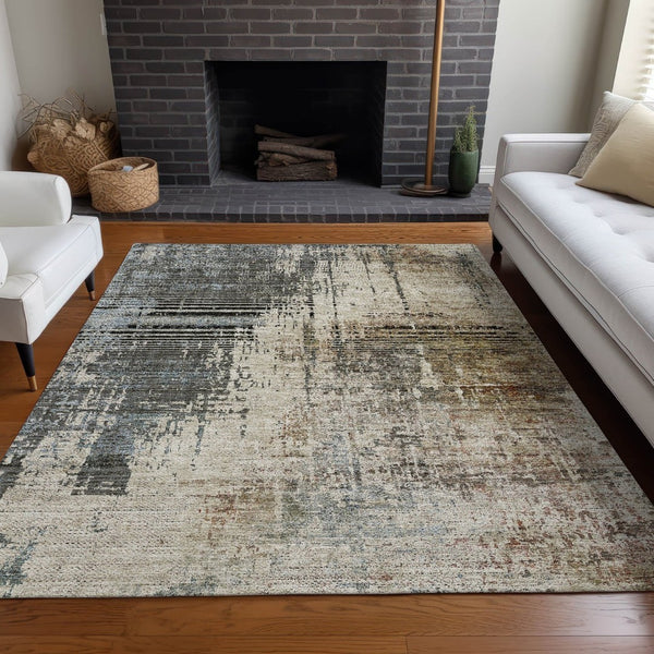 HomeRoots 8' X 10' Modern Beige Gray Brown Abstract Area Rug - Washable, UV Protected, Soft & Stain Resistant 665673