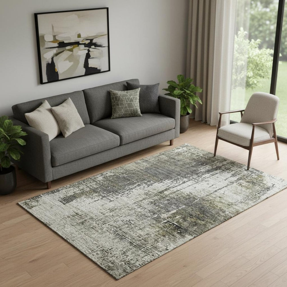 HomeRoots 5' X 8' Modern Abstract Area Rug in Taupe, Green & Gray – Washable, Stain Resistant & UV Protected! 665683