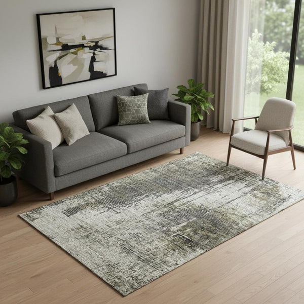 HomeRoots 5' X 8' Modern Abstract Area Rug in Taupe, Green & Gray – Washable, Stain Resistant & UV Protected! 665683