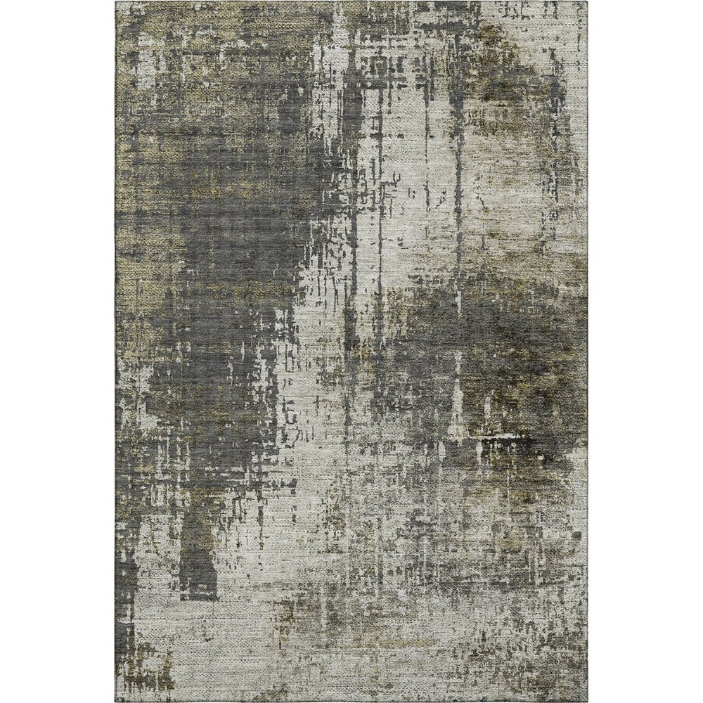 HomeRoots 5' X 8' Modern Abstract Area Rug in Taupe, Green & Gray – Washable, Stain Resistant & UV Protected! 665683