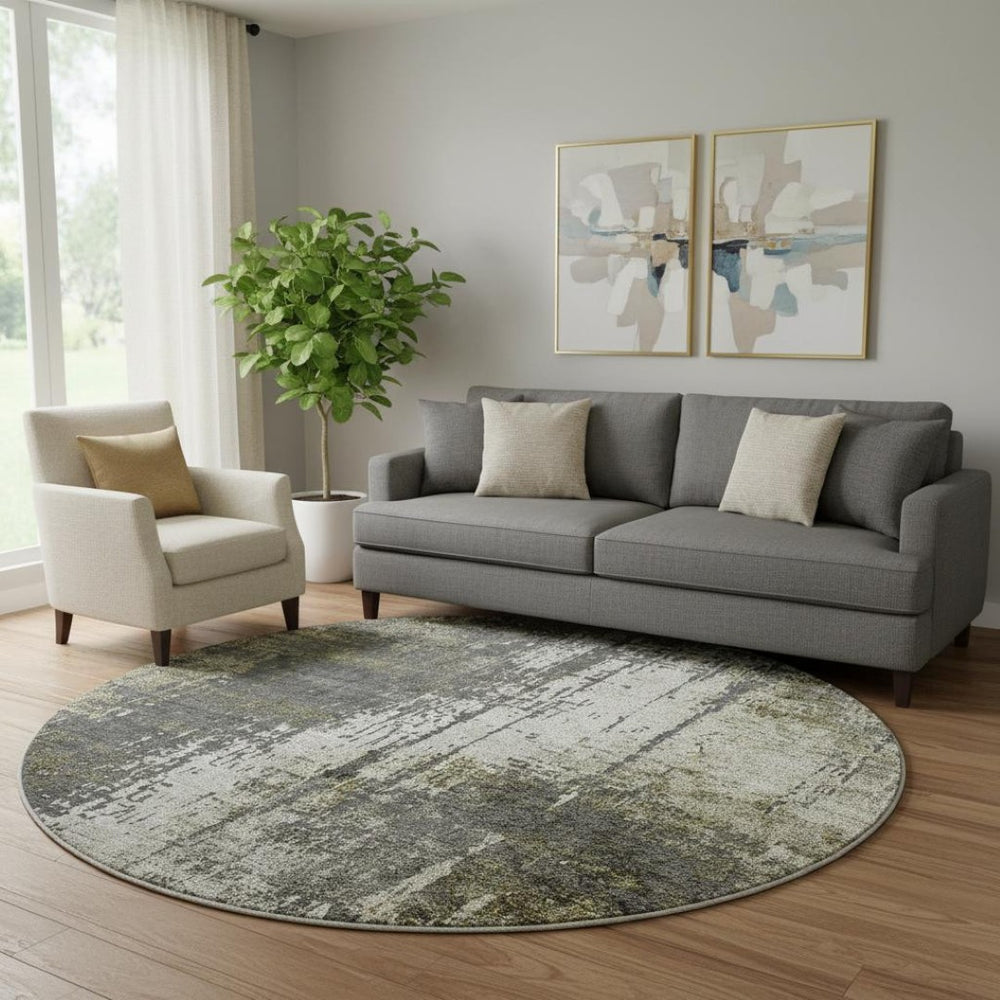 HomeRoots 8' Modern Abstract Taupe Green & Gray Washable Round Rug with UV Protection for Any Space 665684