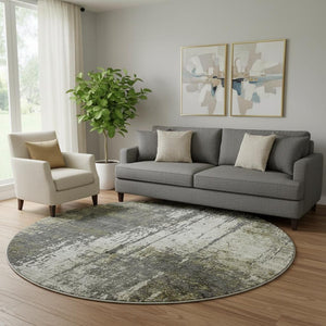 HomeRoots 8' Modern Abstract Taupe Green & Gray Washable Round Rug with UV Protection for Any Space 665684