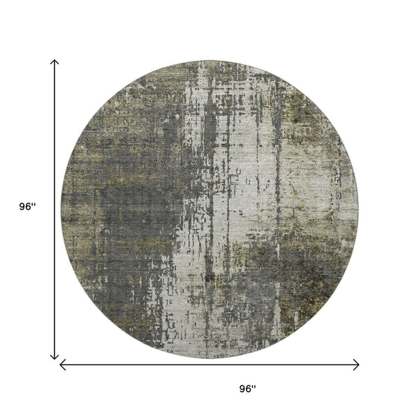HomeRoots 8' Modern Abstract Taupe Green & Gray Washable Round Rug with UV Protection for Any Space 665684