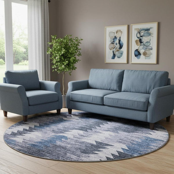 HomeRoots 8' Blue and Ivory Southwestern Round Rug - Durable, Washable, UV-Protected Design for Active Homes 665690