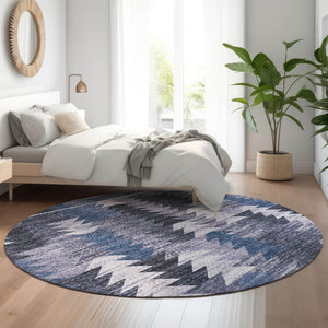 HomeRoots 8' Blue and Ivory Southwestern Round Rug - Durable, Washable, UV-Protected Design for Active Homes 665690