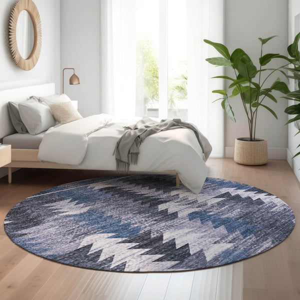 HomeRoots 8' Blue and Ivory Southwestern Round Rug - Durable, Washable, UV-Protected Design for Active Homes 665690