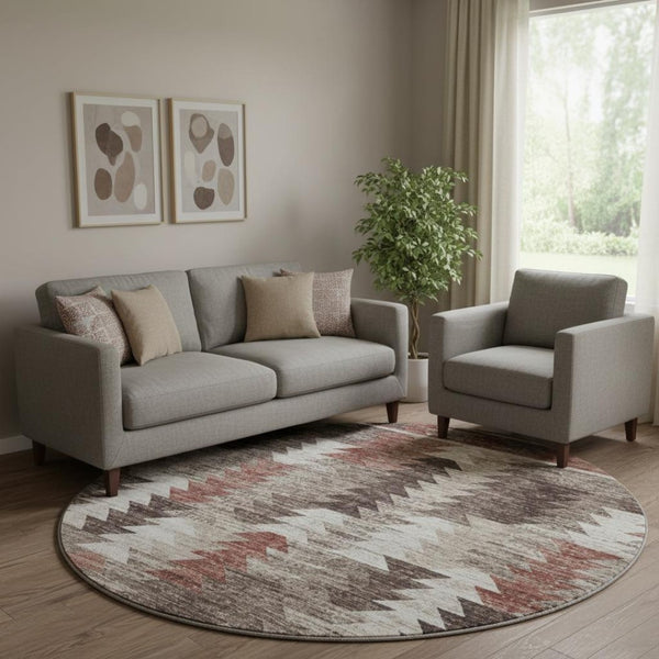 HomeRoots 8' Southwestern Round Rug in Chocolate, Ivory & Rust – Stylish, Washable & UV Protected for Any Space 665696