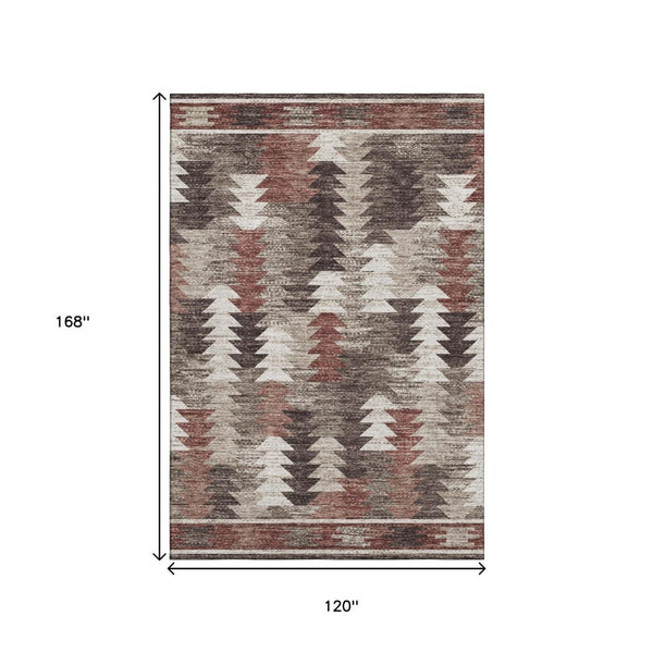HomeRoots 10' X 14' Southwestern Area Rug in Chocolate, Ivory, and Rust – Washable, UV-Protected, Durable Design 665699