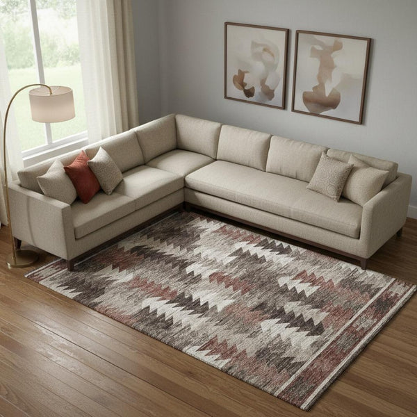 HomeRoots 10' X 14' Southwestern Area Rug in Chocolate, Ivory, and Rust – Washable, UV-Protected, Durable Design 665699