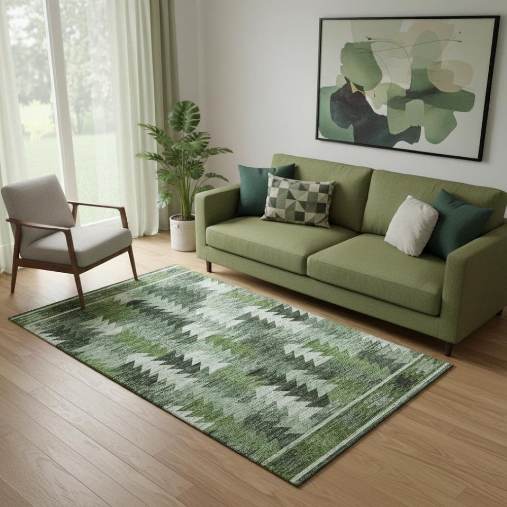 HomeRoots 5' X 8' Southwestern Washable Area Rug - Olive Green, Ivory & Gray with UV Protection for Durability 665701