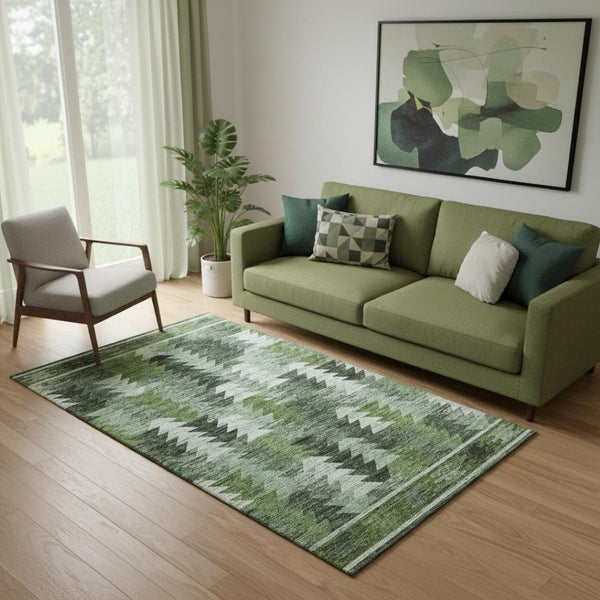HomeRoots 5' X 8' Southwestern Washable Area Rug - Olive Green, Ivory & Gray with UV Protection for Durability 665701