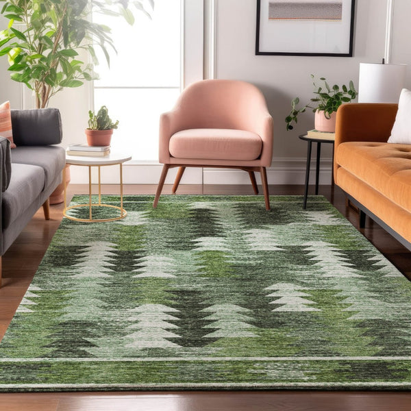 HomeRoots 5' X 8' Southwestern Washable Area Rug - Olive Green, Ivory & Gray with UV Protection for Durability 665701