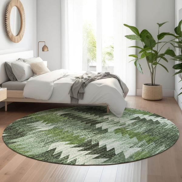 HomeRoots 8' Southwestern-Inspired Round Rug in Olive Green, Ivory & Gray - Washable, UV Protected, Durable Design 665702