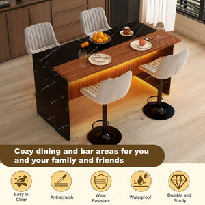 English Elm 63" Modern Kitchen Island Set With 4 Gray Bar Stools - Elegant Black Marble, Led Lights & Versatile Design W2699S00071