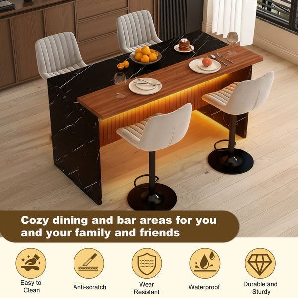 English Elm 63" Modern Kitchen Island Set With 4 Gray Bar Stools - Elegant Black Marble, Led Lights & Versatile Design W2699S00071