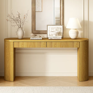 English Elm U_Style 58.2" Console Table With Drawers, Arched Legs & Stripe Design For Stylish Entryway Storage N711P289125O-GIGA