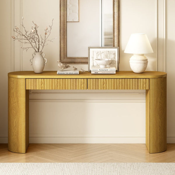 English Elm U_Style 58.2" Console Table With Drawers, Arched Legs & Stripe Design For Stylish Entryway Storage N711P289125O-GIGA