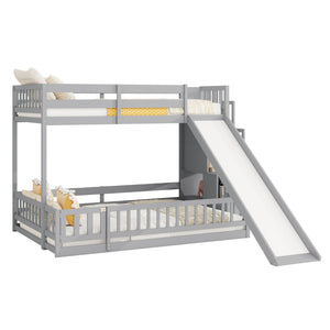 English Elm Twin Over Full Bunk Bed Solid Pine Frame with Built-in Slide and Storage Staircase Grey W504S00289