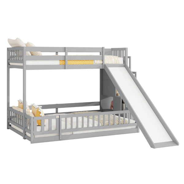 English Elm Twin Over Full Bunk Bed Solid Pine Frame with Built-in Slide and Storage Staircase Grey W504S00289