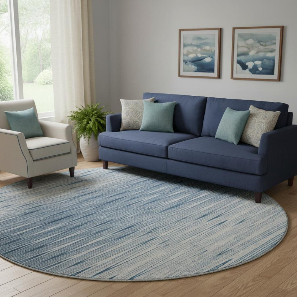 HomeRoots 8' Stylish Blue and Ivory Abstract Washable Round Rug with UV Protection for High-Traffic Areas 665756