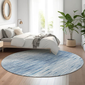 HomeRoots 8' Stylish Blue and Ivory Abstract Washable Round Rug with UV Protection for High-Traffic Areas 665756