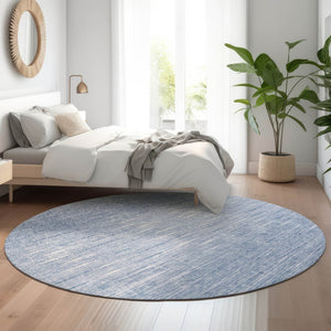 HomeRoots 8' Denim Blue and Ivory Abstract Washable Round Rug - Stain-Resistant, UV Protected, Durable Style! 665762