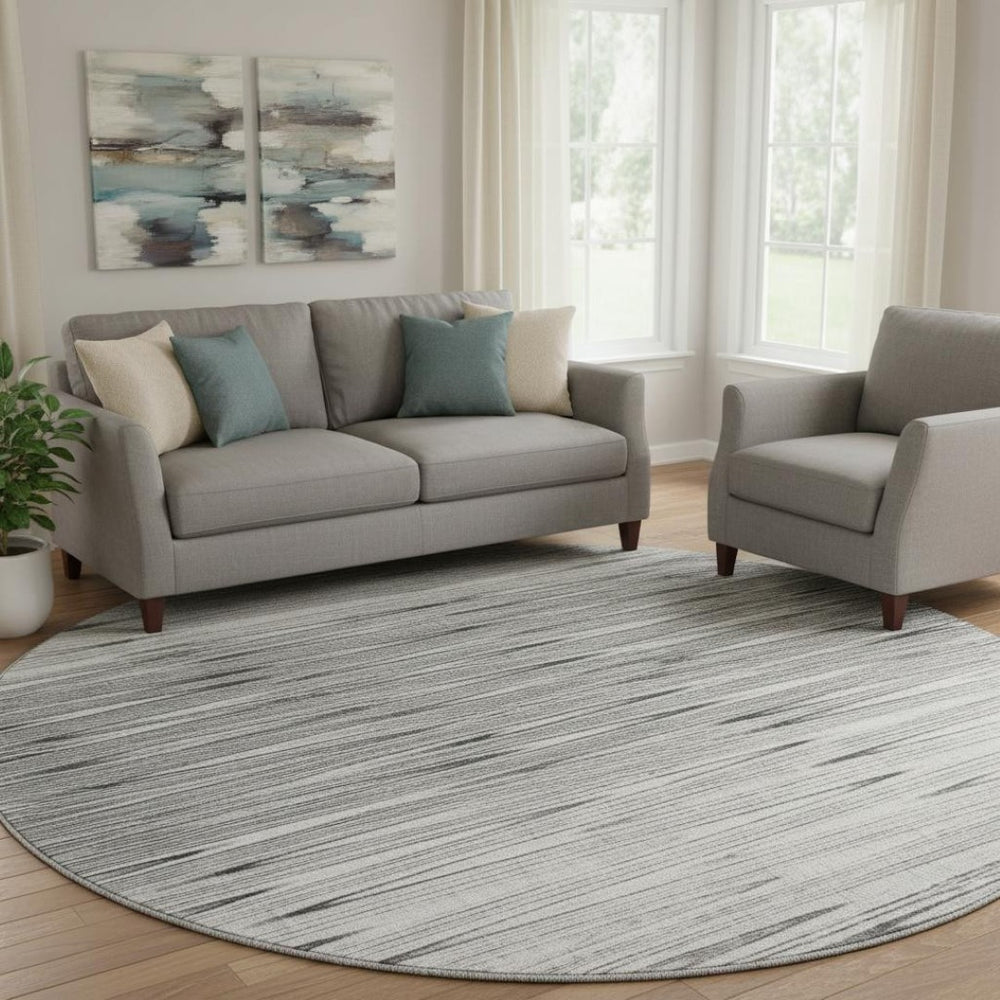 HomeRoots 8' Gray and Silver Abstract Washable Round Rug - Modern Design with UV Protection & Easy Care 665768