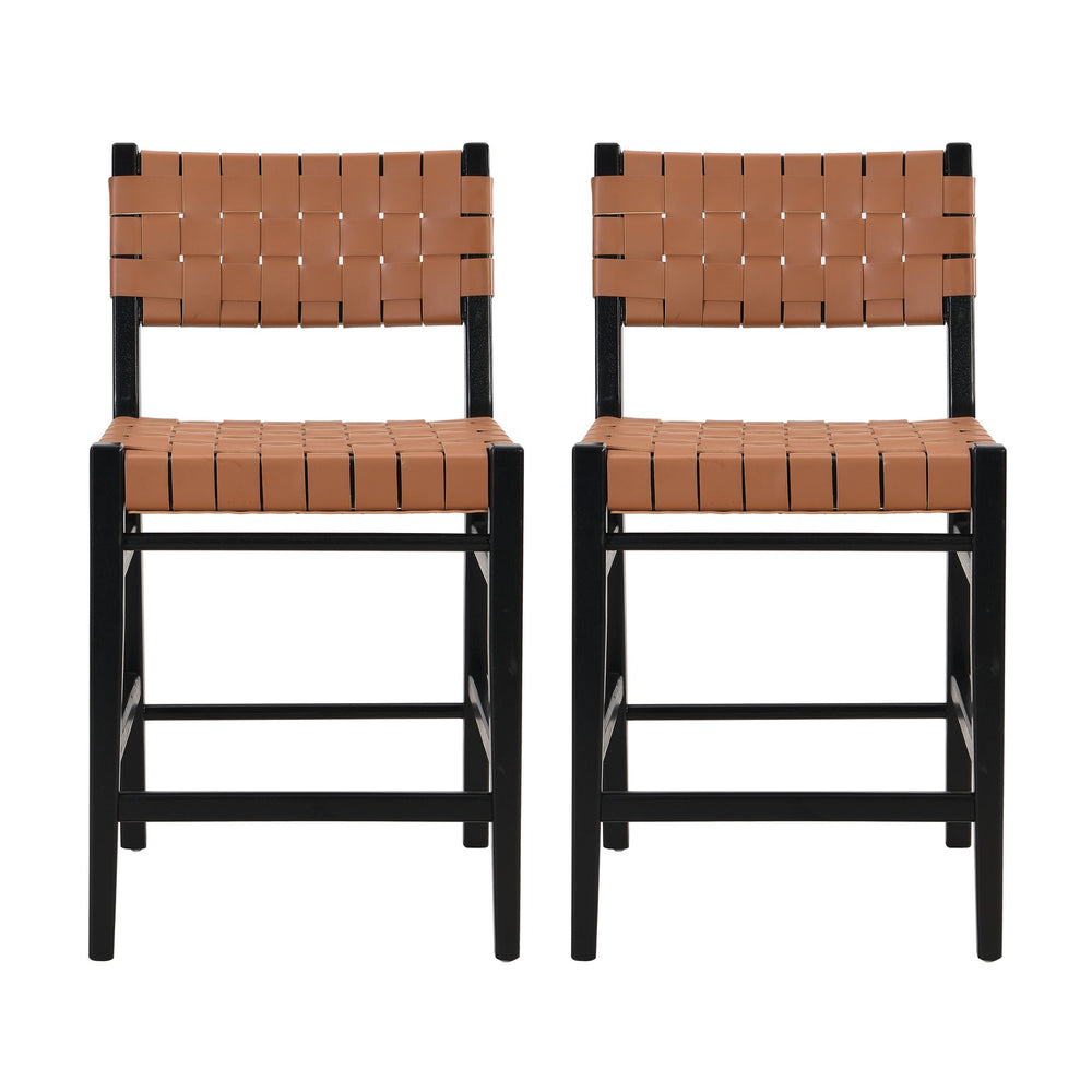 English Elm Christopher Knight Home® - 24.25'' 24.25" Classic Counter Stools Set of 2 Brown PU with Braided Leather Back & Rubberwood Legs, 24.25" 74690.00BRN
