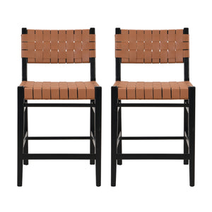 English Elm Christopher Knight Home® - 24.25'' 24.25" Classic Counter Stools Set of 2 Brown PU with Braided Leather Back & Rubberwood Legs, 24.25" 74690.00BRN