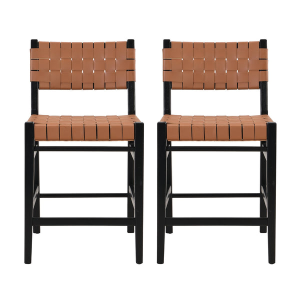 English Elm Christopher Knight Home® - 24.25'' 24.25" Classic Counter Stools Set of 2 Brown PU with Braided Leather Back & Rubberwood Legs, 24.25" 74690.00BRN