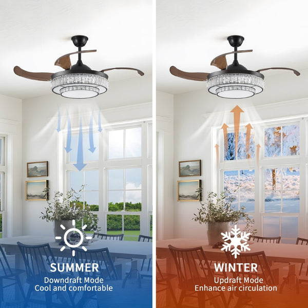 English Elm 48" Retractable Blade Crystal Led Ceiling Fan with Remote for Bedroom Dining Kitchen W2312P415980