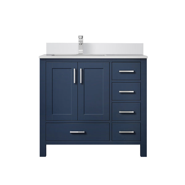 English Elm Navy 36" Bath Vanity with Left White Quartz Top, Soft-Close Drawers, Chrome Faucet, Ample Storage B2731P259055