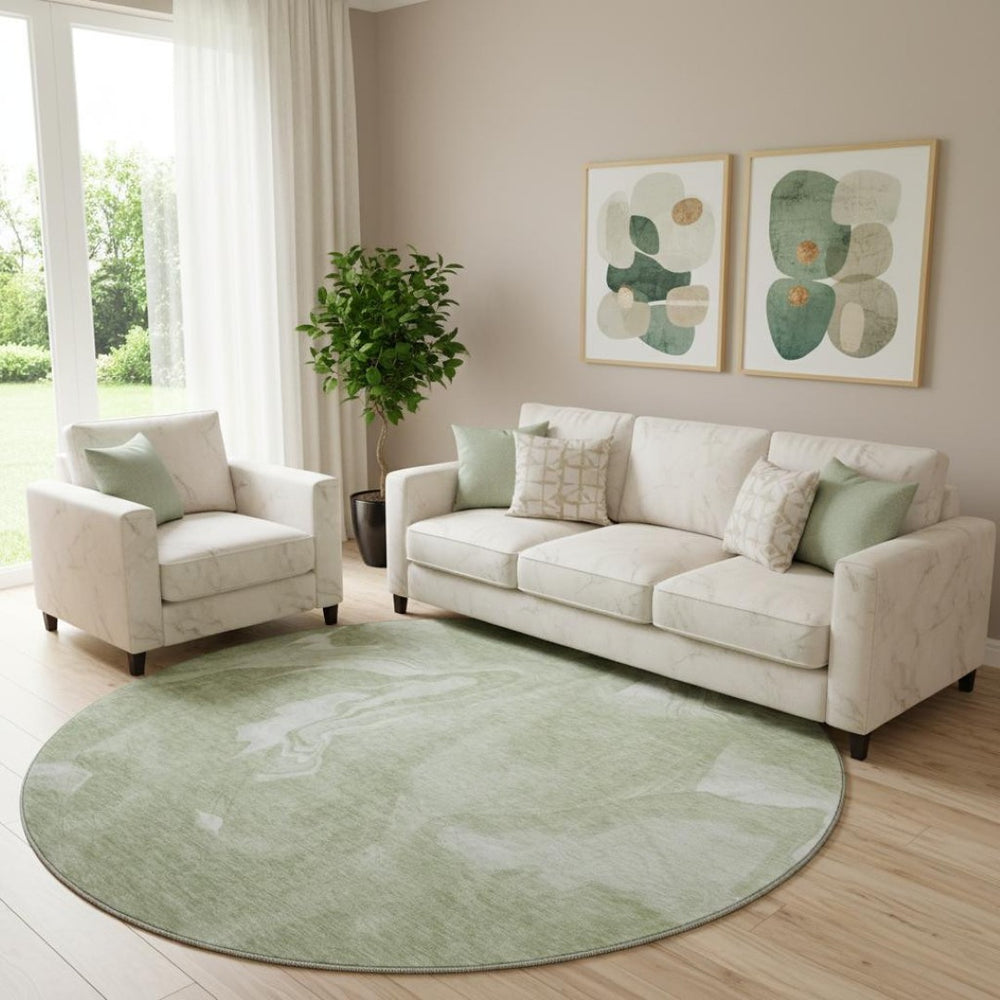 HomeRoots 8' Artichoke Green & Ivory Abstract Round Rug – Washable, UV-Protected, Durable for Busy Homes! 665816